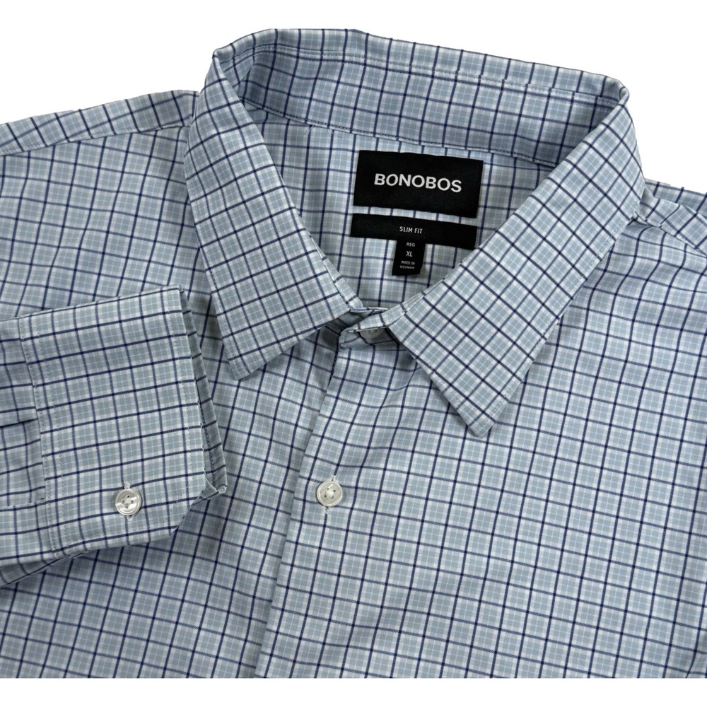 Bonobos Mens XL Blue White Plaid Performance‎ Stretch Slim Fit Button-Up